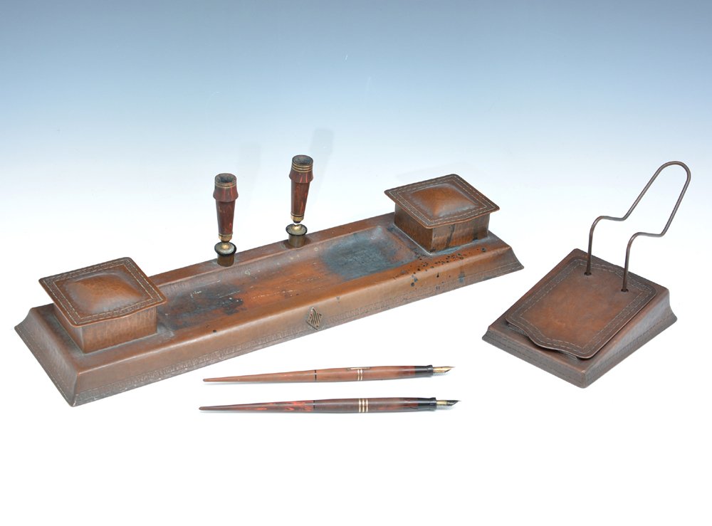Dirk Van Erp Copper Desk Set & Matching Calendar: Dirk Van Erp Hammered Copper Desk Set & Matching Calendar. Inkwell set with open box mark and matching calendar unmarked. Largest 18" long x 6.25" deep. Both in original patina.