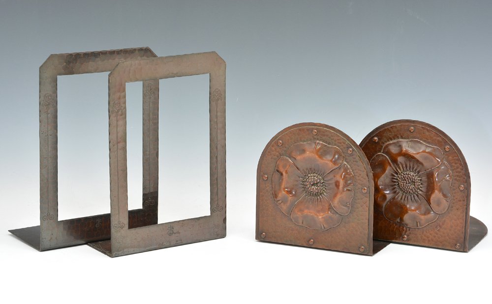 2 Pairs Roycroft Hammered Copper Bookends: 2 Pairs Roycroft Hammered Copper Bookends, one with poppies (5.75" x 5.75" x 5.75") and the other open framed (8.5" x 5.75" x 4.5") both with orb and cross mark and in original patina.