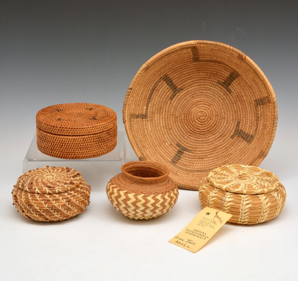 5 Native American Baskets incl. Lena Jose Papago: 5 Native American Baskets including 3 woven by Lena Jose, Papago at Ak-Chin and 2 others. largest 11.5" diameter bowl. All in very good condition.