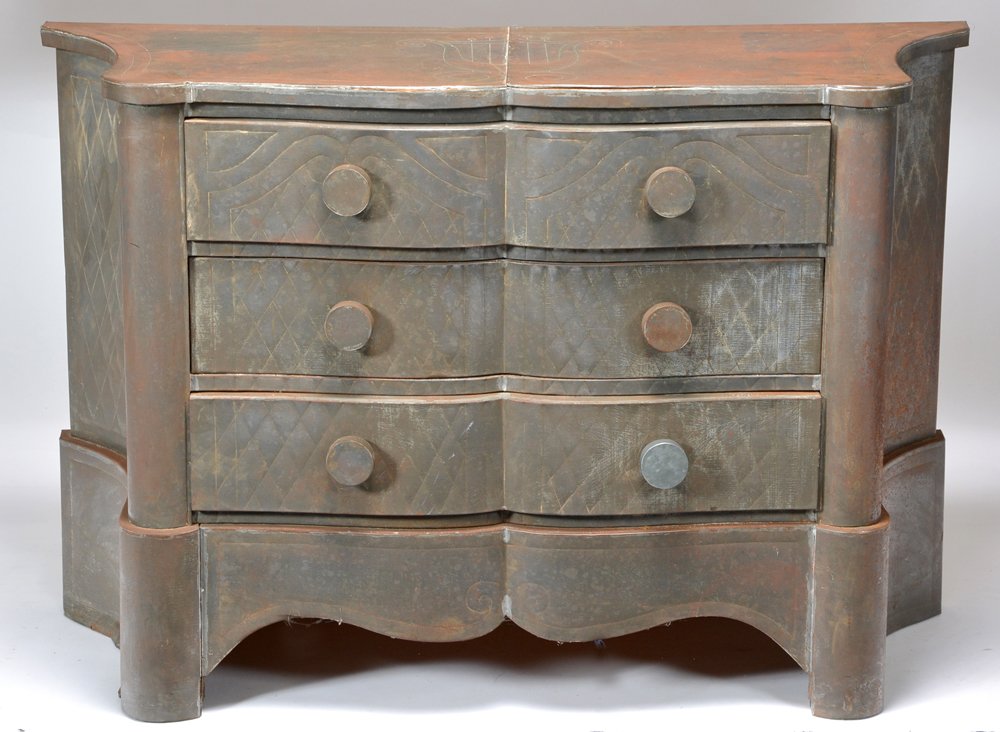 Folk Art Metal Clad Chest of Drawers: Folk Art Metal Clad Chest of Drawers, etched tin veneer over wood frame with a shaped front and scroll sides, harp design on top, 32"h x 47.5"w x 17.5"d, good condition