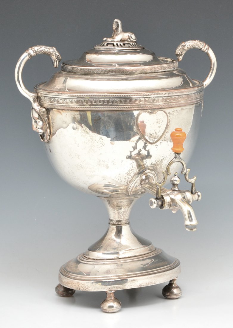 Early Silverplate Server with Egyptian Motifs: Early Silverplate Server with Egyptian Motifs, 13" tall, 19th c., good condition