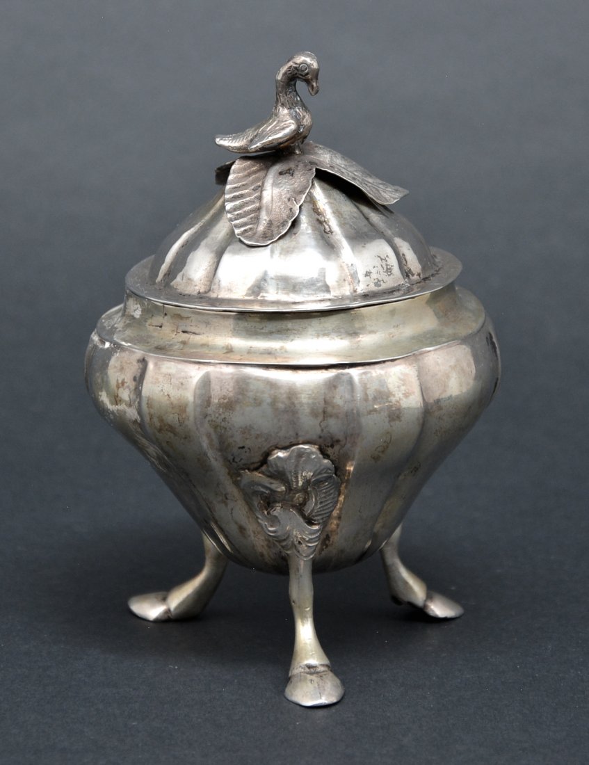 Russian Rococo Covered Sugar Bowl, Late 18th c.,: Russian Rococo Covered Sugar Bowl, Late 18th c. The stylized fruit form with swan & leaf knop on a tripod of hoof feet, rubbed marks at bottom, 5.25" tall, very good condition. 8.52 ozt.