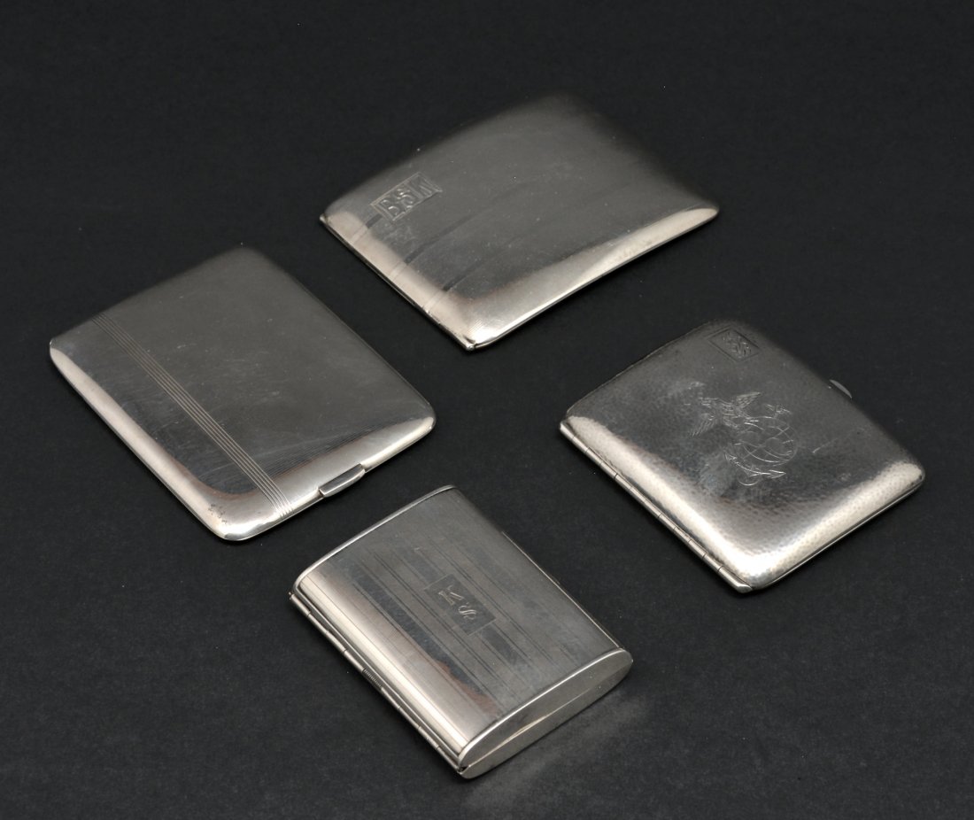 4 Sterling Silver Cigarette Cases, 12.35 ozt: 4 Sterling Silver Cigarette Cases, 12.35 ozt, largest: 4" x 3.75".