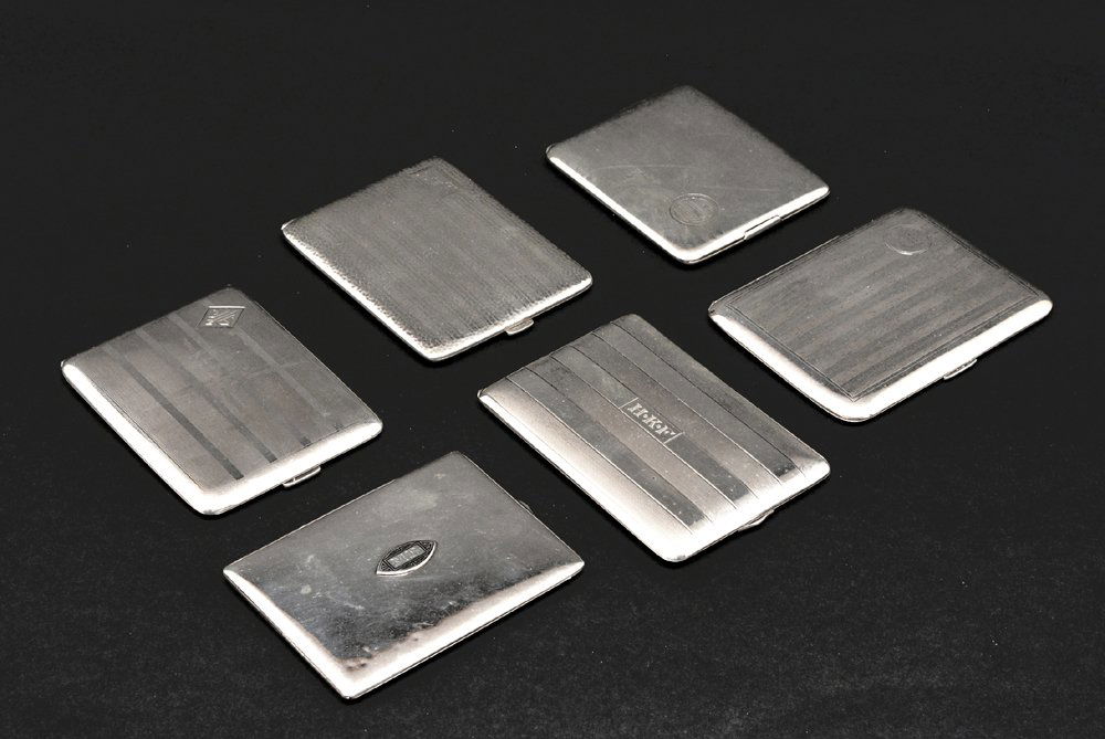 4 Sterling & 2 Silver Cigarette Cases: 6 Sterling & Silver Cigarette Cases. 4 Sterling weighing 17.2 ozt; 1 marked "80" the other "556" = total of 6.56 ozt. Largest: 4.5" x 3.5".