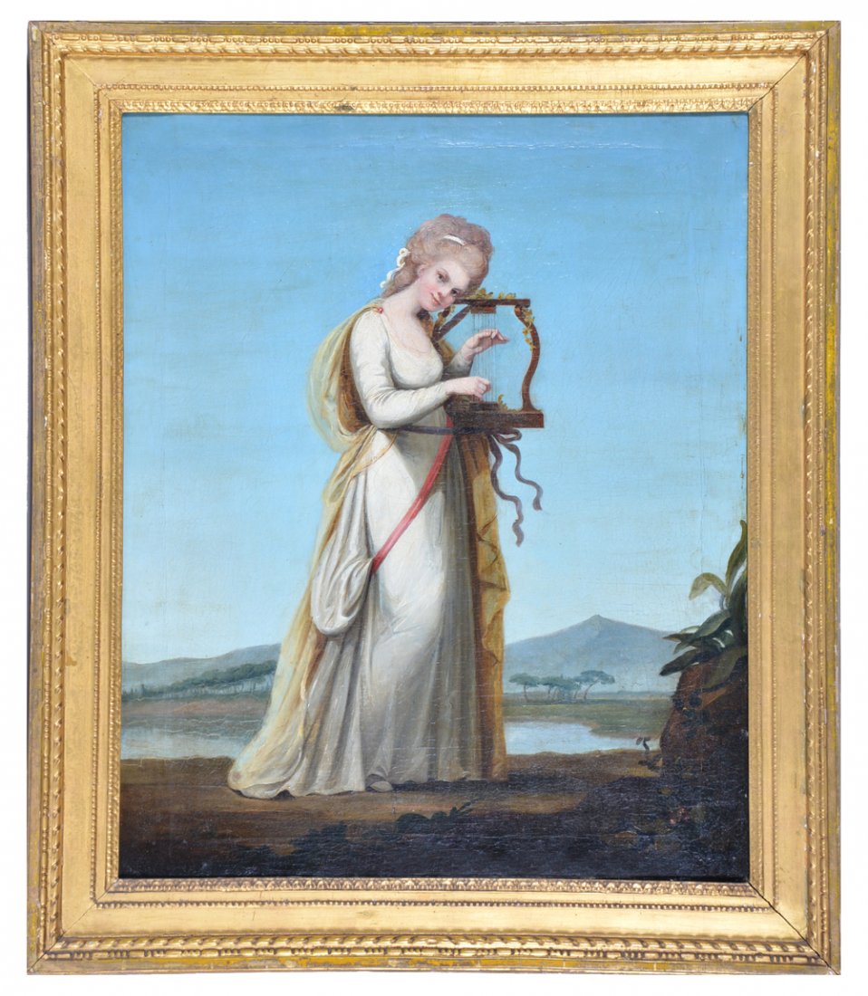 18th C. Continental School, Woman Playing a Harp, o/c: 18th C. Continental School, Woman Playing a Harp, oil on canvas, unsigned in period frame, 28.75" x 23.25", very good original condition. Frame size: 34" x 28.25".