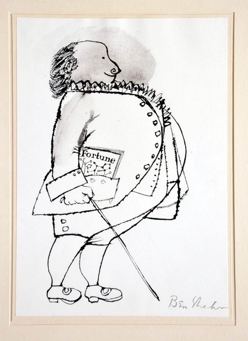 Ben Shahn, Pen and Ink Drawing, "Fortune": Ben Shahn, Pen and Ink Drawing, "Fortune", 1957, signed lower left, titled and dated on Gump's label verso, 12" x 8.5", very good original untouched condition. Frame; 20.75" x 15.75"