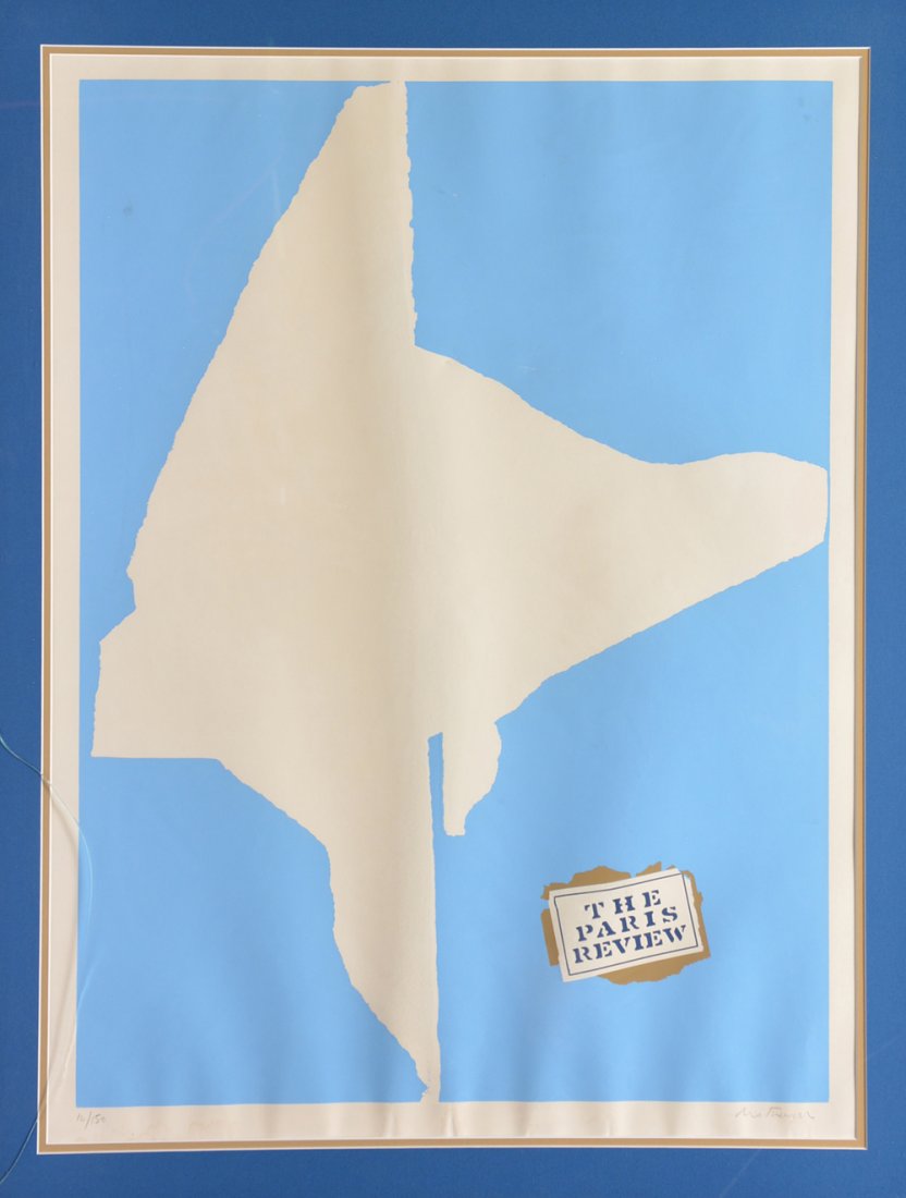 Robert Motherwell, Paris Review, Serigraph, 16/150,: Robert Motherwell, Paris Review, Serigraph, numbered 16/150 lower left, signed lower right, 31.75" x 23.75" viewed, good condition with crack in glass lower left, wavy bottom and a light brown water s