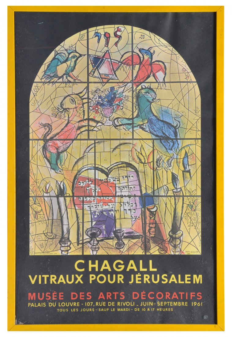 Marc Chagall vintage 1961 French exhibition poster: Marc Chagall vintage 1961 French exhibition poster titled "Chagall Vitraux pour Jerusalem." 32.5 x 21.5" with frame, very good condition.