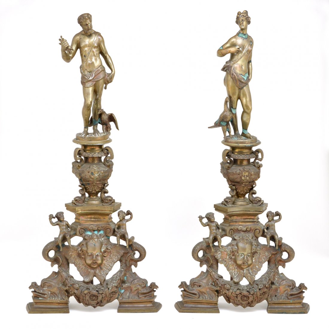 Pair of Italian Baroque Style Bronze Andirons: Pair of Italian Baroque Style Figural Bronze Andirons after Girolamo Campagna, Jupiter holding thunderbolts and Juno standing beside a peacock, raised on baluster shaped urns with putti heads and swag