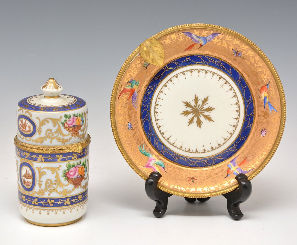 Paris Porcelain "Le Tallec" Covered Jar and Plate,: Paris Porcelain "Le Tallec" Ormolu Mounted Covered Jar (5 1/4"t) and Plate (6 1/8"d), no apparent damage.