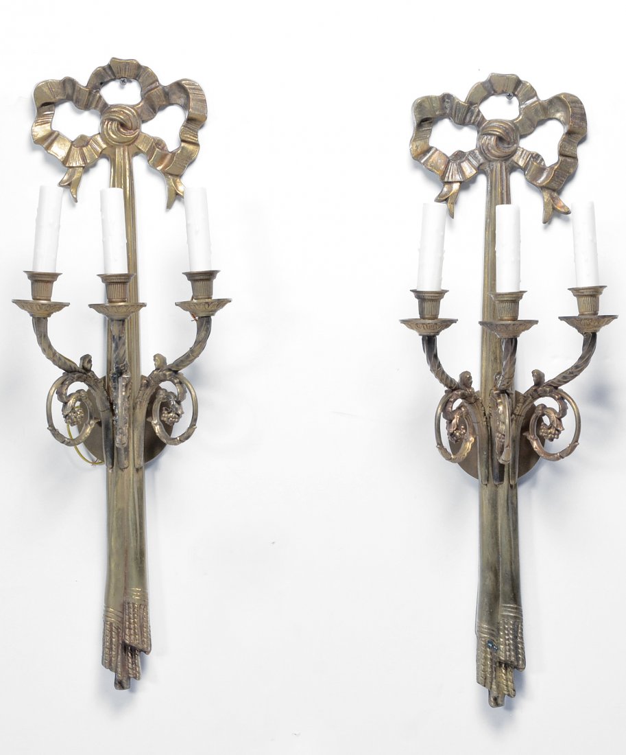 Pair French Style Sconces, 3 Light with ribbon tops: Pair French Style Sconces, 3 Light with ribbon tops, 28" tall, very good condition.