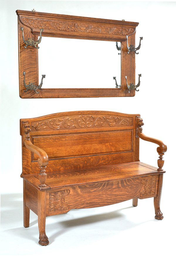 Victorian oak lion head bench and matching mirror (1 of 2)