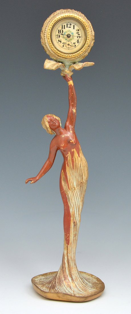 Art nouveau cold painted bronze figural clock, 17"t (1 of 4)