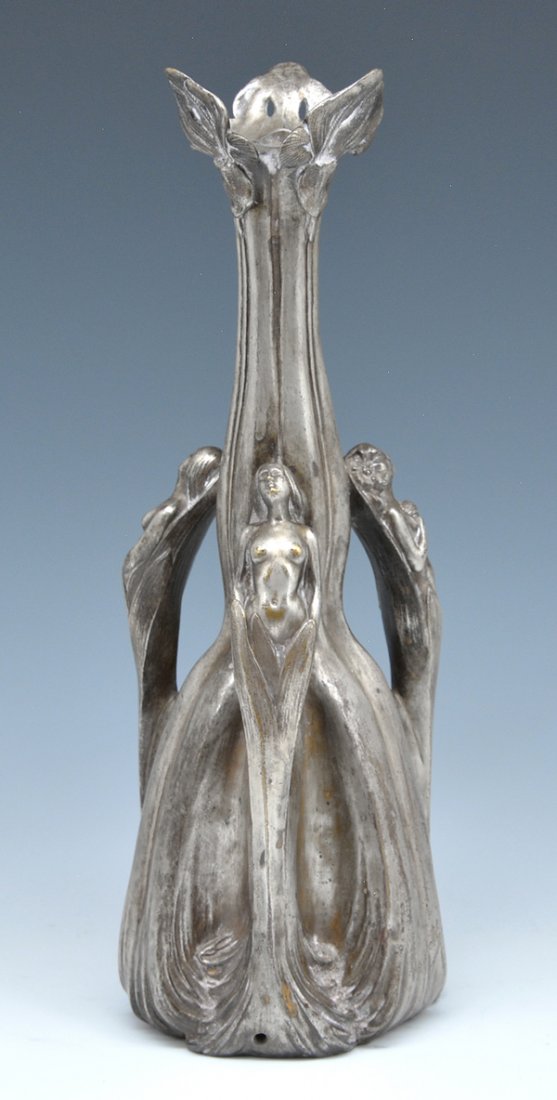 Maurel art nouveau figural silver plated bronze, 16"t: Maurel art nouveau figural silver plated bronze, signed, "Maurel.E" at bottom. Composed of three nude maidens surrounding a floral body, 16"t. Good original condition with some wear to silver plate.