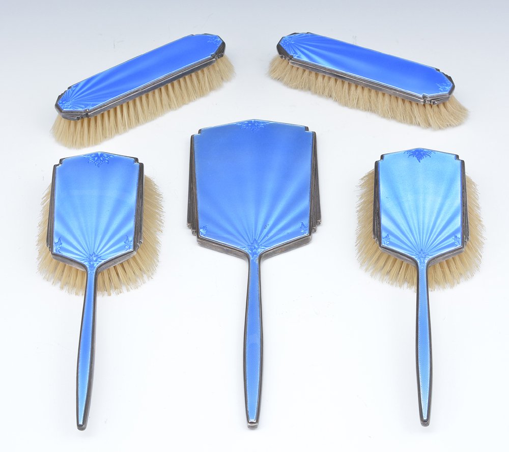 5 pc Art deco sterling and enamel brush and mirror set (1 of 3)