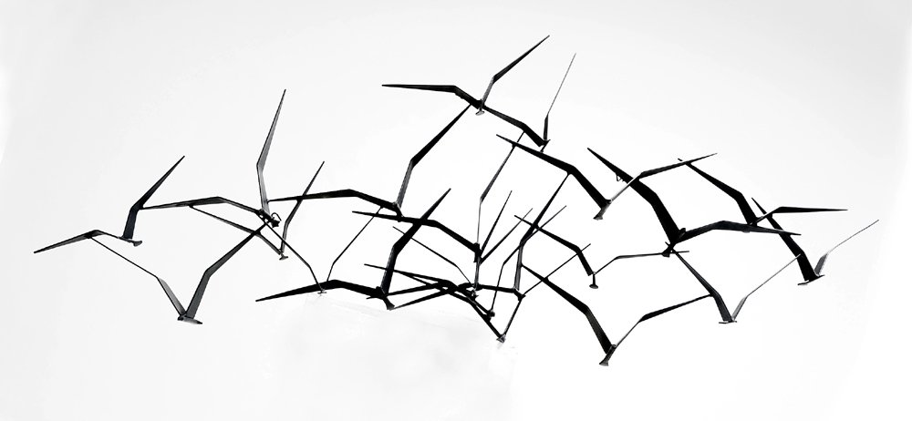 Curtis Jere Seagulls Wall Sculpture, appx 58" wide: Curtis Jere Seagulls Wall Sculpture depicting seagulls in flight, signed on a wing C (Curtis) Jere, approximately 58" wide, very good condition.