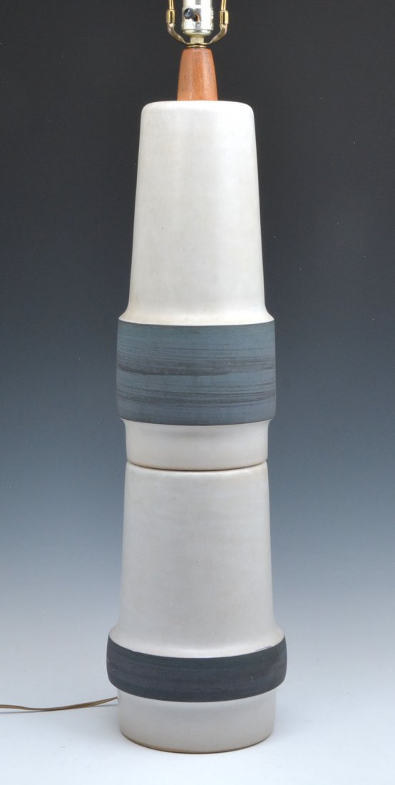 Mid-Century Martz Ceramic Table Lamp, 43": Mid-century Martz ceramic table lamp, 20th century, With white glazed body and striated grey banded decoration. Made by Gordon and Jane Martz. Inscribed "Martz". Height 43" to top of finial. Very good