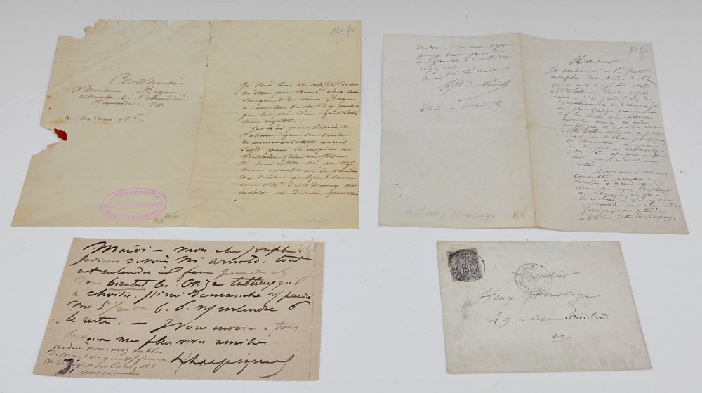 Signed letters by Gerard, Harpignies, and Neuville: Signed letters by the artists Francois Gerard (1770-1837), Henri Harpignies (1819-1916), and Alphonse de Neuville (1835-1885). Sold by Theodore Tausky, autograph collector, Paris. Each letter accompan
