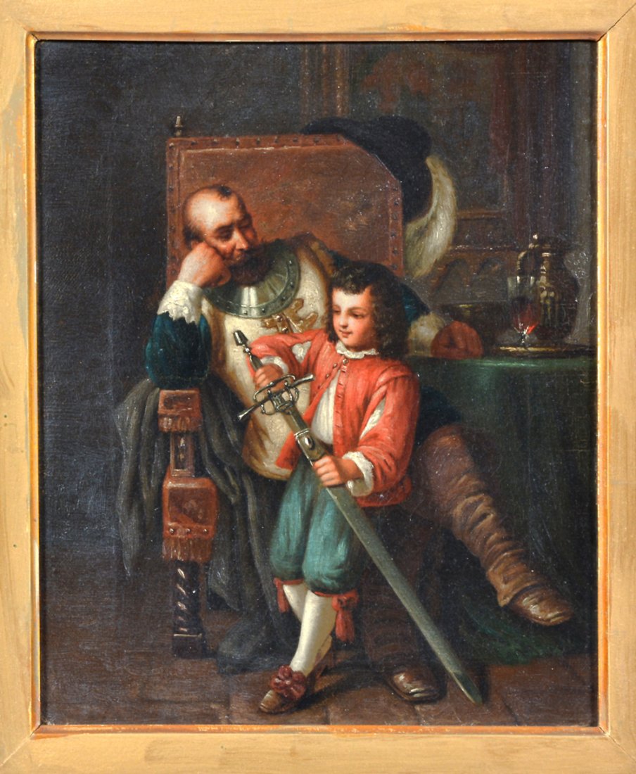 English school painting, 19th c, knight with son and: 19th c English school, seated knight with son and sword, oil on canvas, unsigned, 12 1/2"h x 10 1/2", Frame: 21 1/2" x 19 1/2". Good original condition.