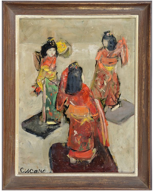 Pascal Cucaro painting, Japanese dolls: Pascal Cucaro, Japanese dolls, oil on board, signed lower left "Cucaro", Painting: 24" x 18", Frame: 28 1/2" x 22 1/2". Very good original condition.