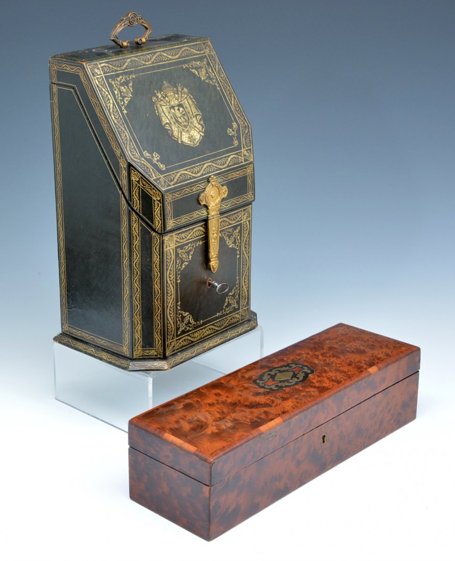 Napoleonic stationary box and glove box: Napoleonic leather stationary box, 12 1/2"t, and wooden glove box with inlay, 13 1/4"w