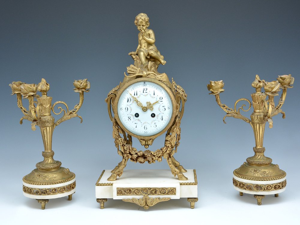 French gilt bronze and marble 3 piece clock set (1 of 1)