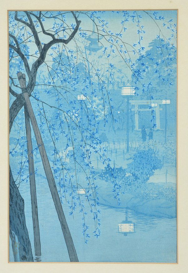 Japanese woodblock, pagoda garden at dusk (1 of 2)