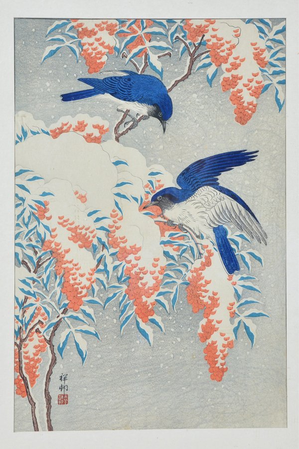 Ohara Shoson, woodblock, birds on snowy branches (1 of 2)