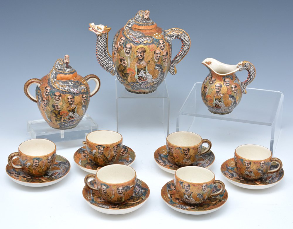 Satsuma dragonware tea set, 15 pcs. Teapot: 6 1/2"t. (1 of 2)