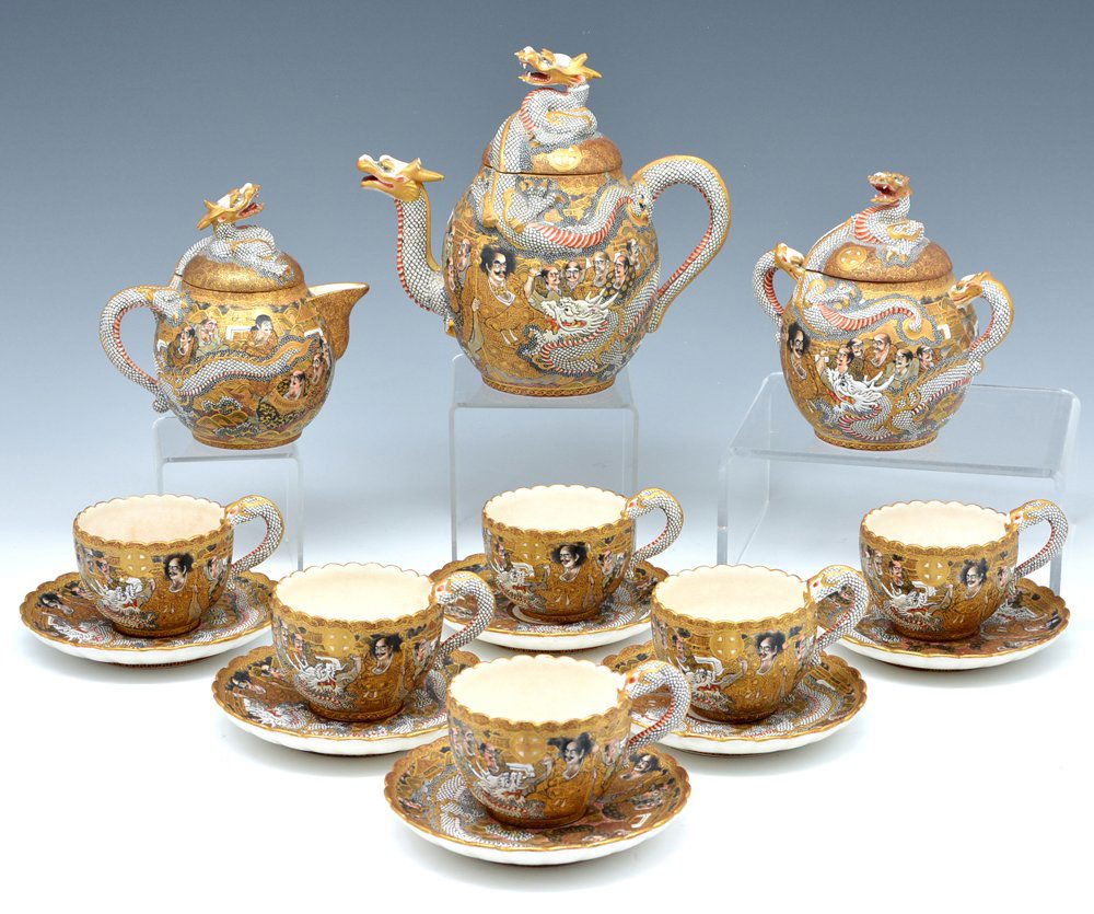 Japanese Satsuma porcelain dragonware tea set, 15 pcs (1 of 2)
