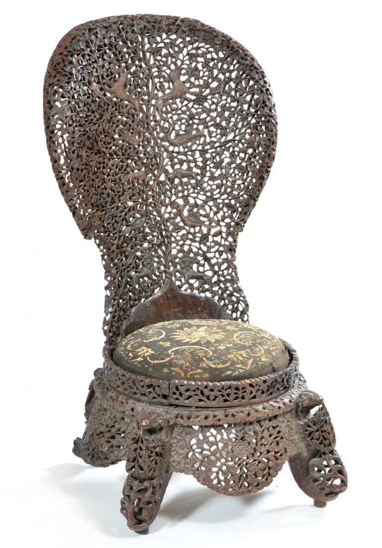 Burmese hardwood spoon back chair, 19th c, carved (1 of 4)