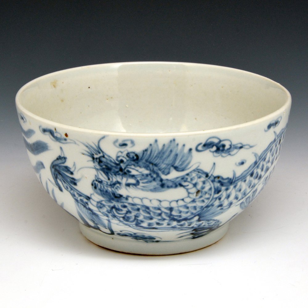 Korean Bowl, blue & white dragon & phoenix design (1 of 3)