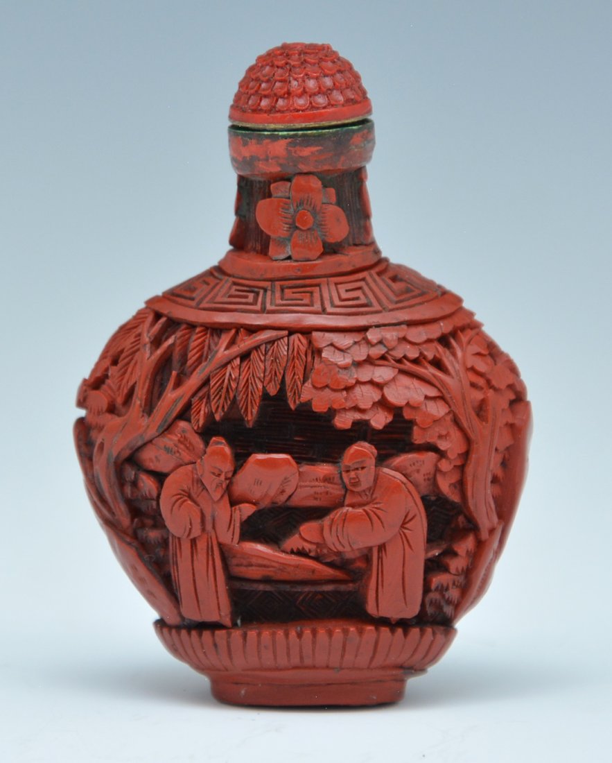 Chinese carved cinnabar snuff bottle, 2 3/4"h (1 of 3)