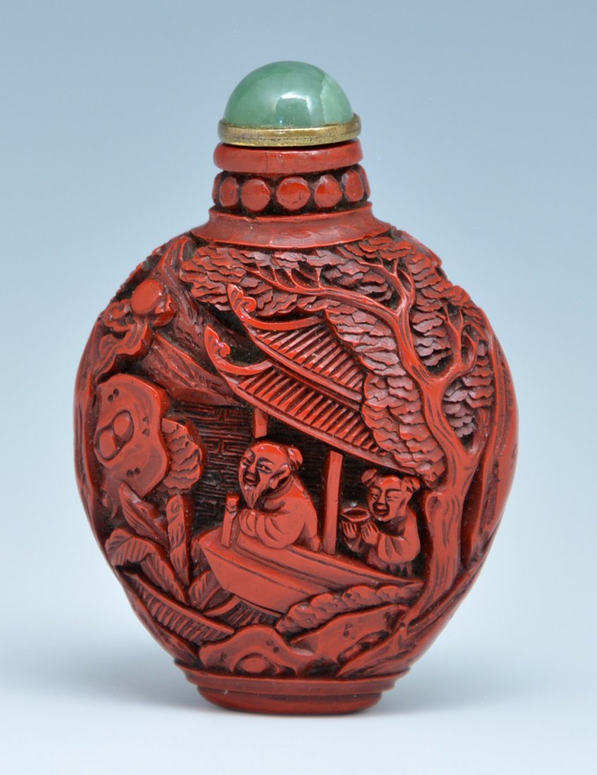 Chinese carved cinnabar snuff bottle. 2 3/4"t (1 of 3)
