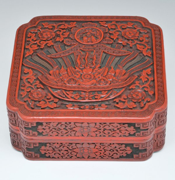 Red cinnabar lacquered square box, 7 5/8"w (1 of 4)