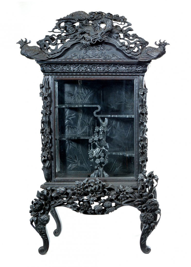 Fancy Chinese ebonized display cabinet, ornately (1 of 4)