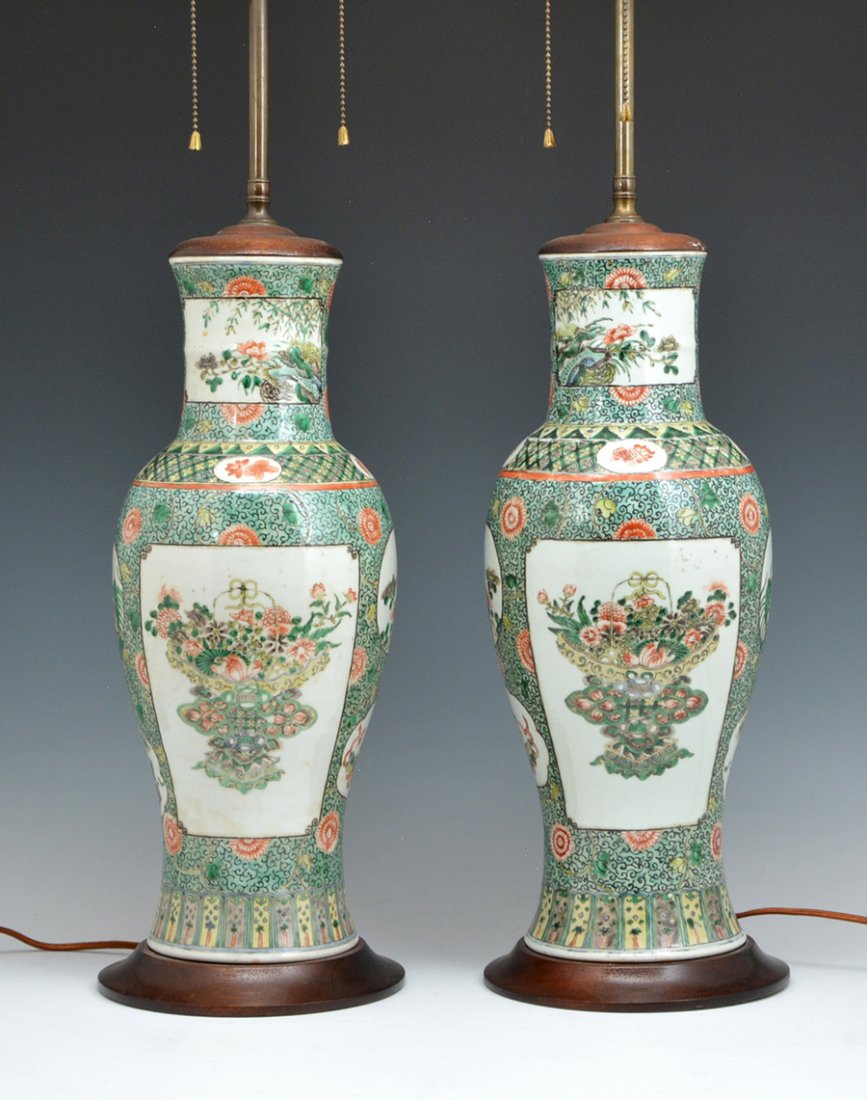 Pair of Chinese Famille Verte vase lamps, 35"h (1 of 1)