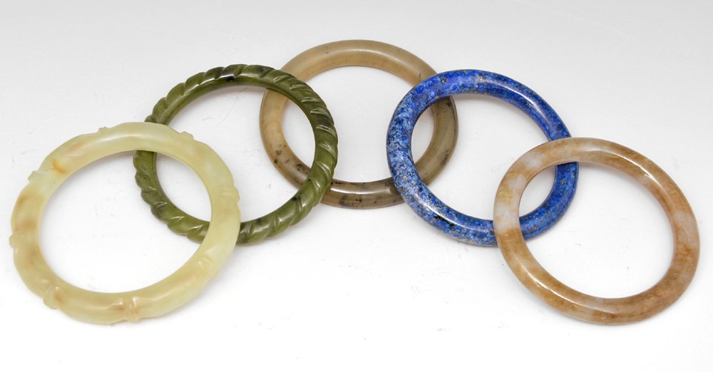 Grouping of 5 Chinese bangles: 4 jade, 1 malachite (1 of 1)