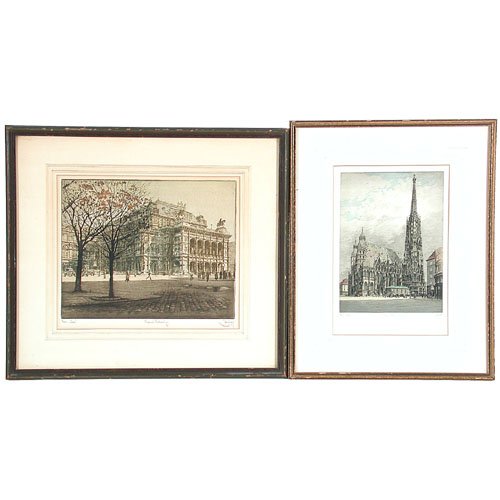 Emil Singer Color Etchings.: PRINTS. Emil Singer, "View: Stefanskirche." (St. Stephen's Cathedral) "Original Radierung" signed lower right. 10" x 7 1/2" viewed; "View: Oper." "Original Radierung" signed lower left. 10" x 12 1/2"