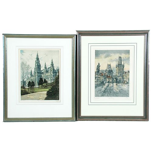 Emil Singer Color Etchings: PRINTS. Emil Singer, "View: Rathaus" (City Hall) "Orig." signed lower right. 13 1/2" x 10 1/2"; "Prag--Karlsbrucke", "Original Radierung" signed lower right. 12 1/2" x 9 1/2". In very good condition.