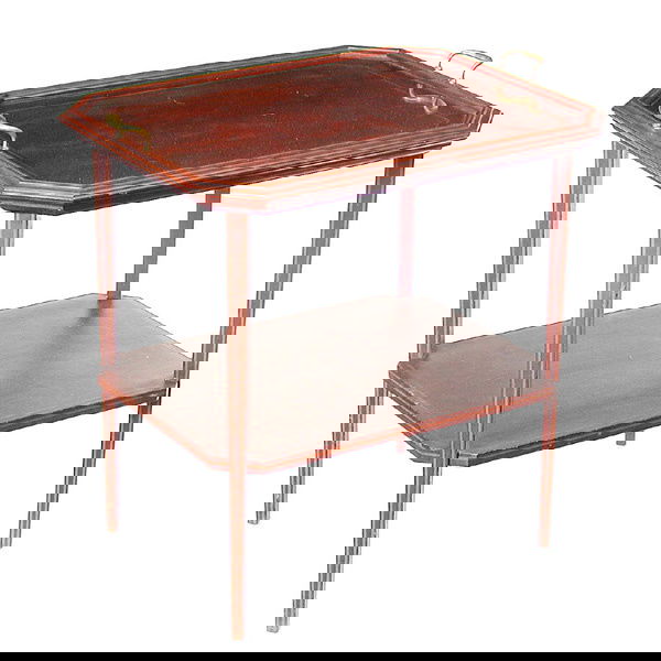 Mahogany Tea Table with Glass Tray Top: TABLE. Mahogany tea table with fruitwood stringing and glass tray top, 26.5" x 19.5" x 26.5" good condition