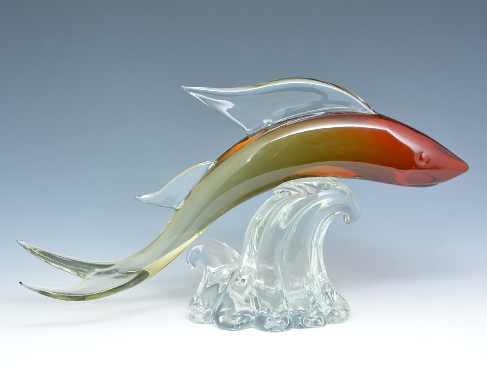 Large Murano Art Glass Leaping Dolphin, 21" long (1 of 3)
