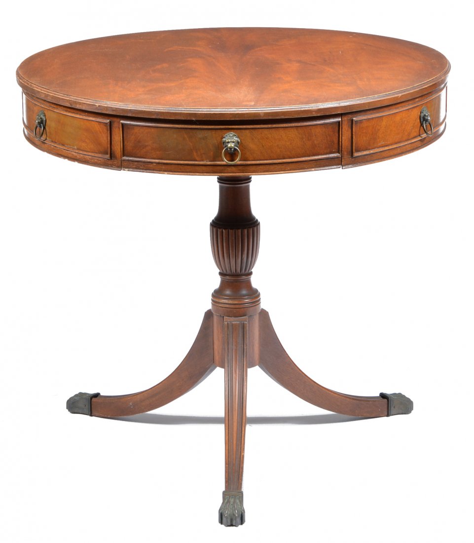 Duncan Phyfe style mahogany center table: Duncan Phyfe style mahogany center table with lion pulls and splayed leg pedestal, 28.5"h x 30"d, good original condition with minor loss to bead molding