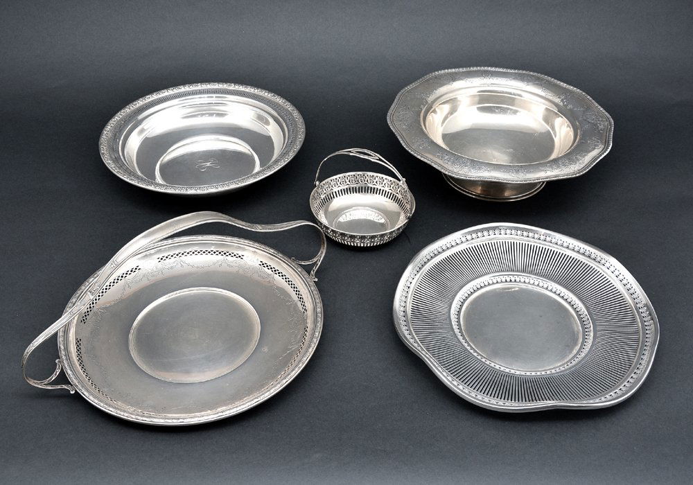 5 Fancy Sterling Silver Trays (2) & Bowls (3), 54 ozt (1 of 1)
