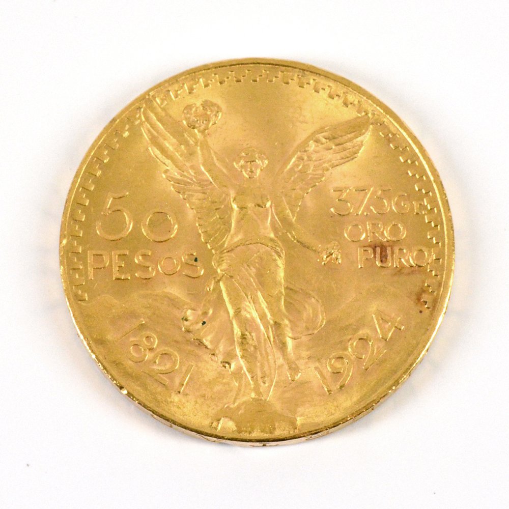 50 Pesos Gold Coin: 50 Pesos gold coin, 1821 - 1924, 41.7 grams.