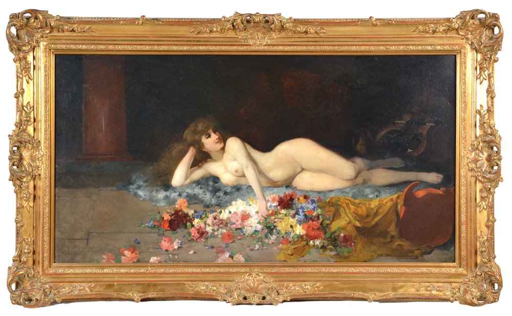 Alex Maroks Painting, Reclining Nude, oil/canvas: Alex Maroks Painting, Reclining Nude on a bed of flowers, oil/canvas, signed lower left, 27.5" x 51.5"; Frame: 36" x 60", very good condition, relined