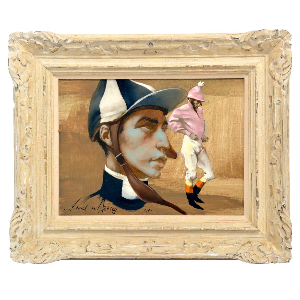 Frank Nelson Ashley, "Jockey & Jockey's Head", 1961: Frank Nelson Ashley, "Jockey & Jockey's Head", 1961, oil on board, signed and dated lower left and signed and titled verso, 12" x 16". Very good condition