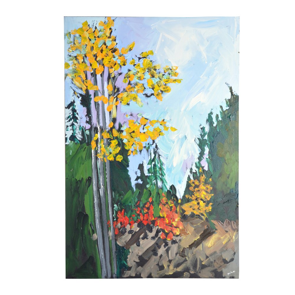 Leslie Poole (Canadian, 1942 - ), "Aspen/Fall": Leslie Poole, (Canadian, 1942 - ), "Aspen/Fall", 1990, acrylic on canvas, signed lower right, signed, dated and titled verso, 60" x 40" unframed and in very good condition.