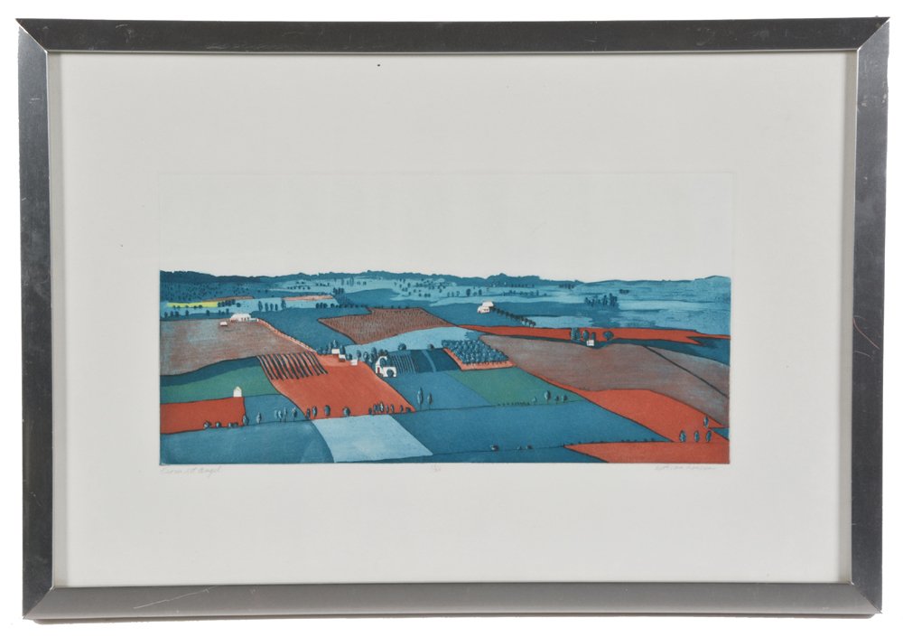 Beth Van Hoesen Aquatint, "From Mt Angel", 20/35: Beth Van Hoesen (American, 1926-2010), "From Mt Angel", aquatint, pencil signed, and titled at bottom, edition: 20/35, image: 8" x 15.5"; frame: 16" x 23.5", very good condition
