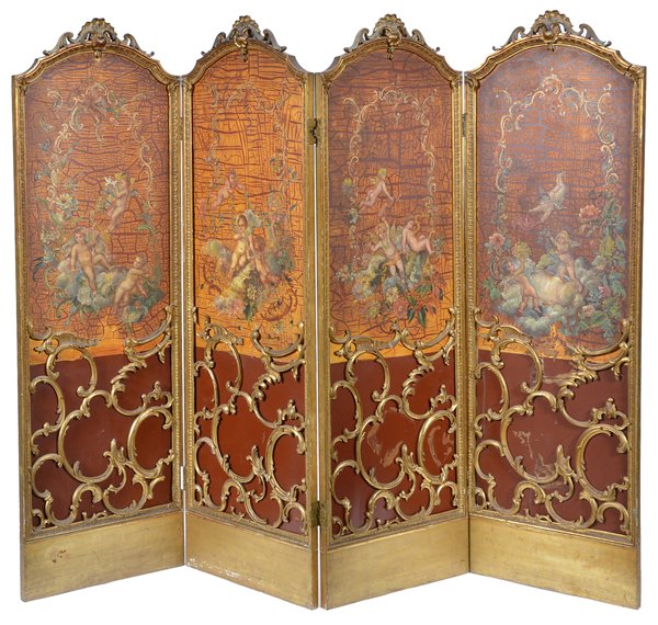 French 4 Panel Handpainted Cupid & Putti Screen (1 of 3)